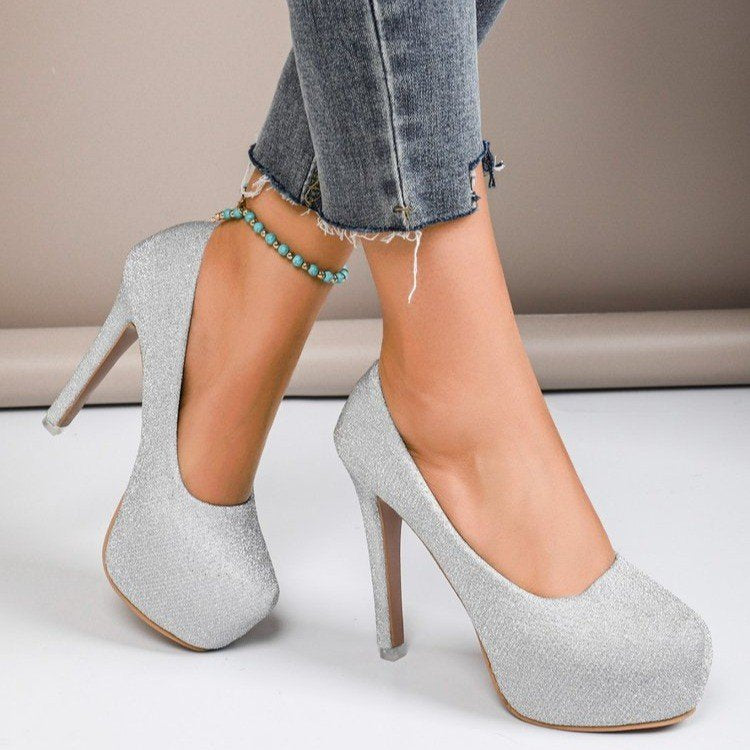 High Heel Stiletto Round Toe Sequin Fashion Nightclub